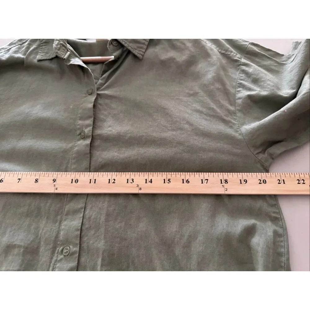 H&M Linen Blend Shirt Dress Olive Green Button Front Short Sleeve Women’s M